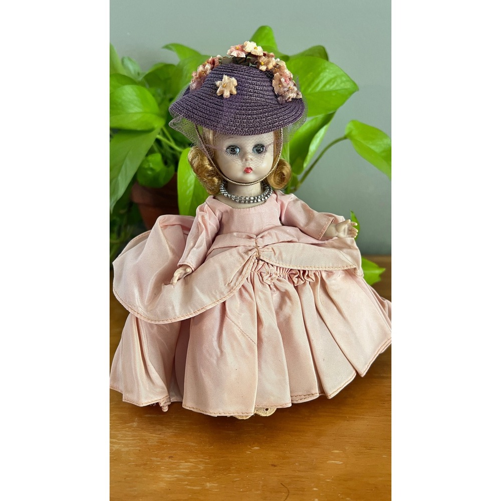 Vintage Madame Alexander 8 Inch Doll Pink Taffeta Dress Purple Hat Alexanderkins